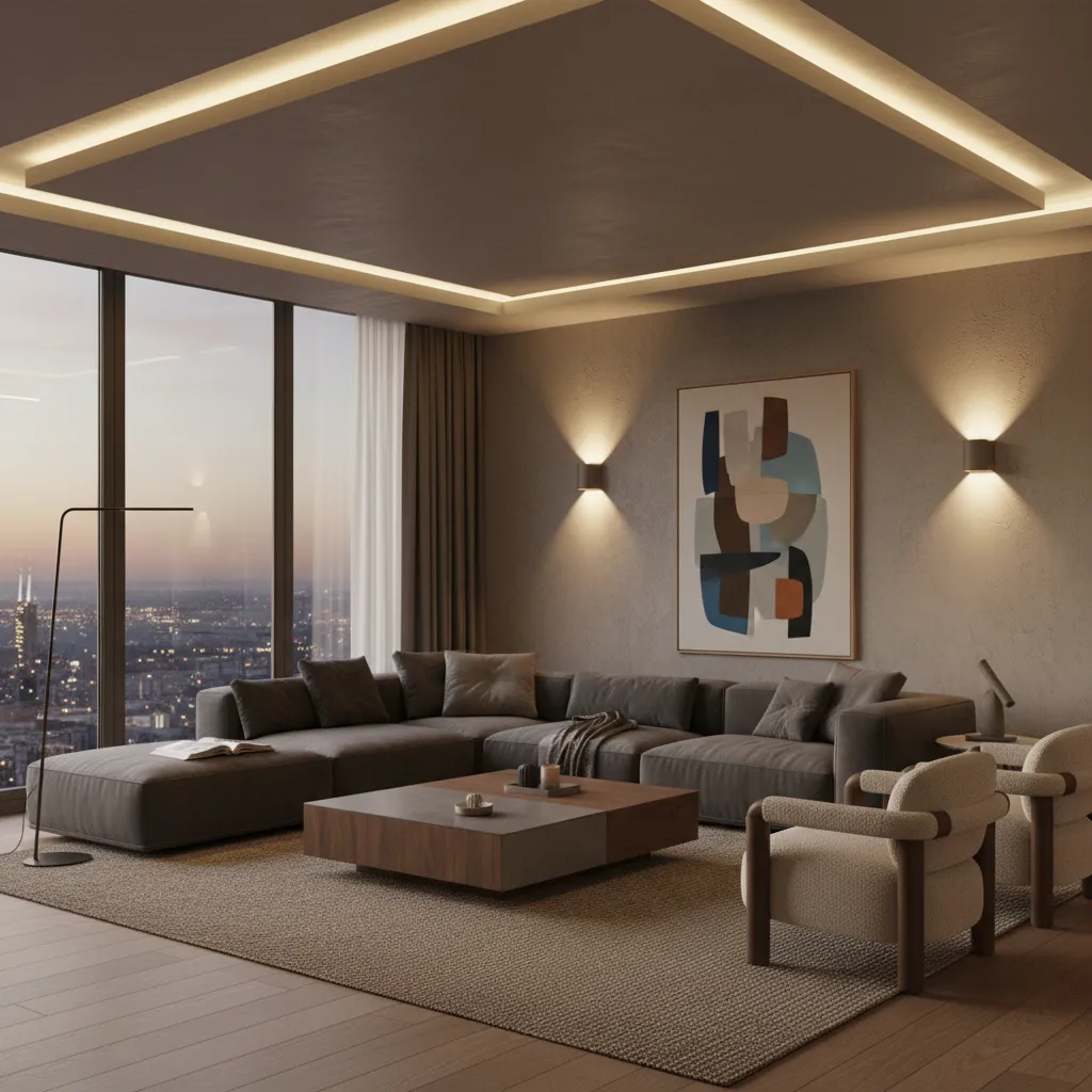 Residential living room showing layered lighting with ambient task and accent lights