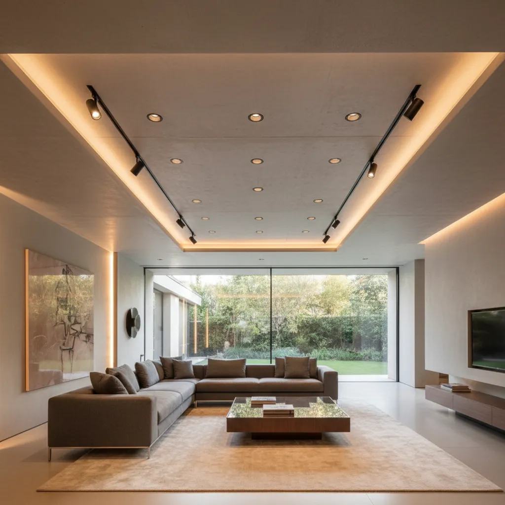 Layered lighting with recessed lights and accent lights in slab ceiling hall