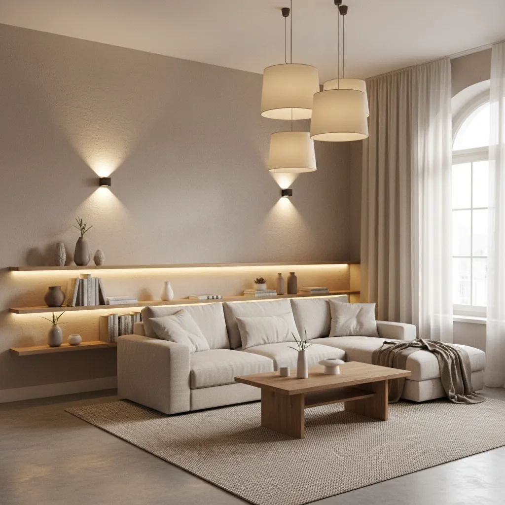 Iluminación por capas en una sala pequeña con luz ambiental y luz funcional