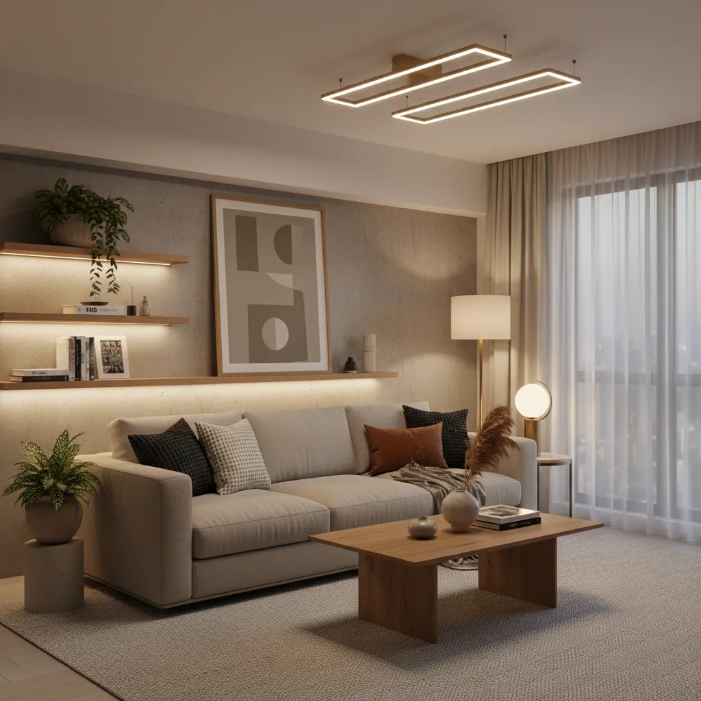 Small apartment living room with layered lighting including floor lamps and ambient light