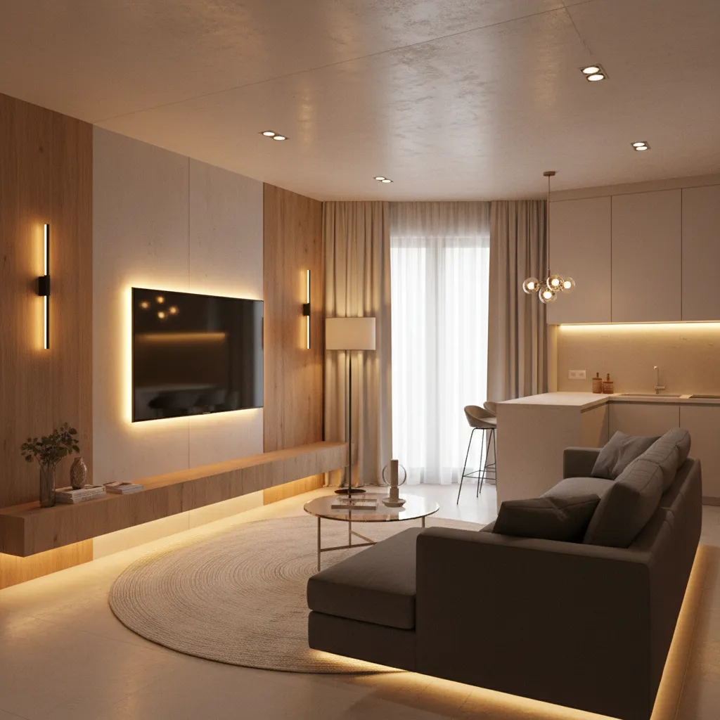 Small apartment interior showing layered lighting design