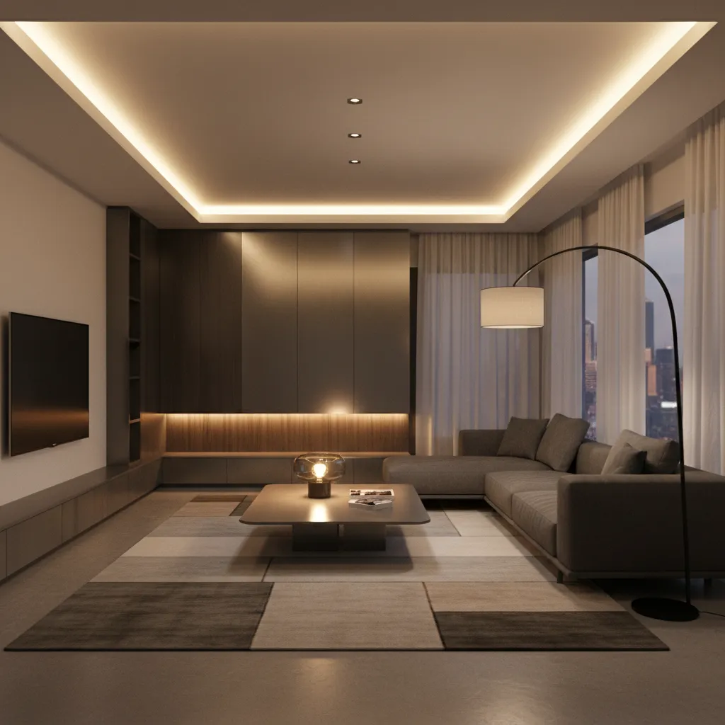 Layered lighting design in modern apartment living room
