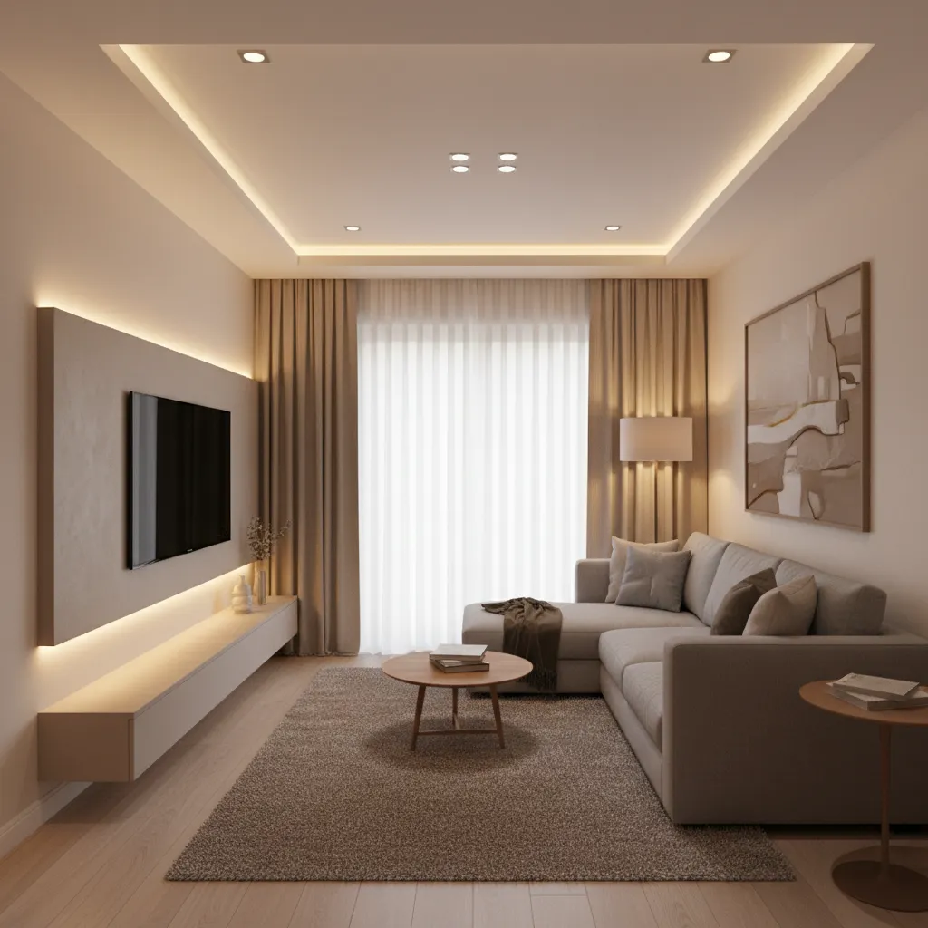 Layered lighting design in a modern compact apartment living room