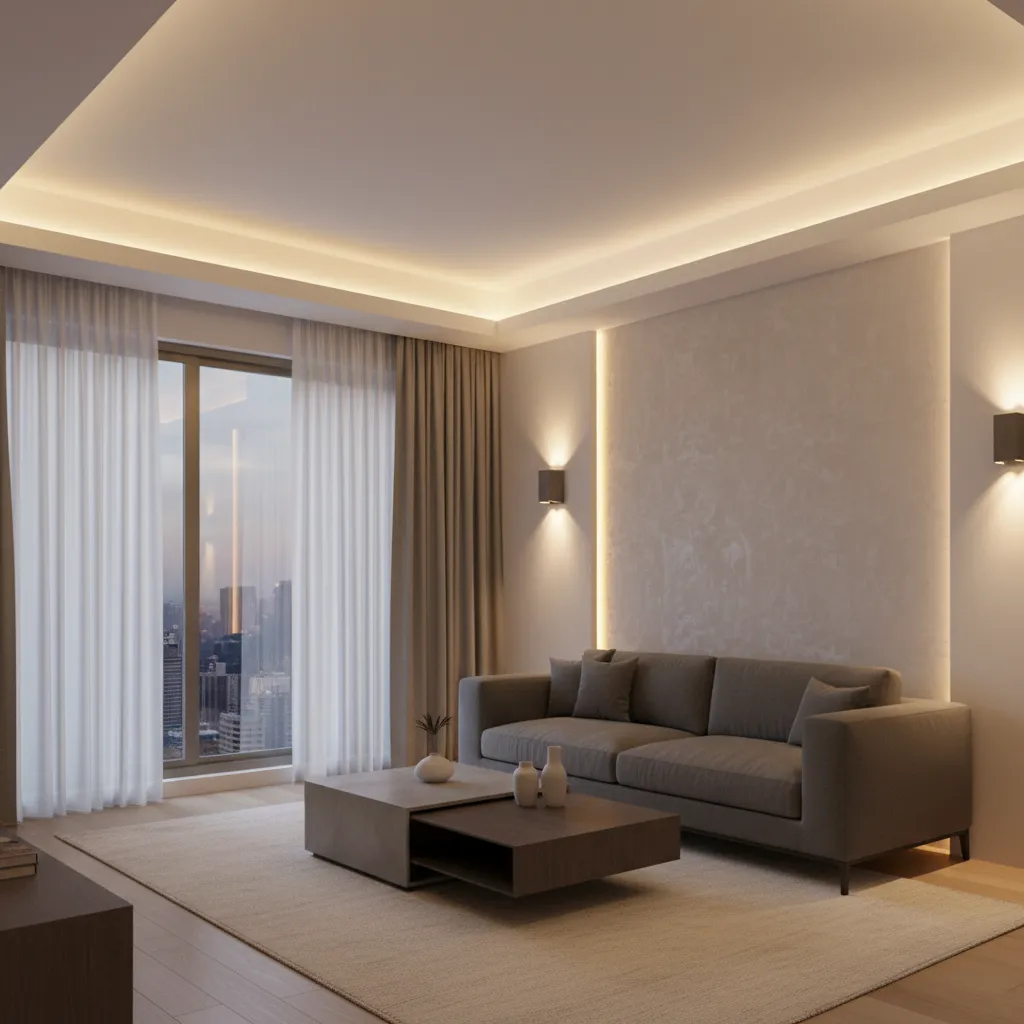 Layered lighting design in a small apartment living room