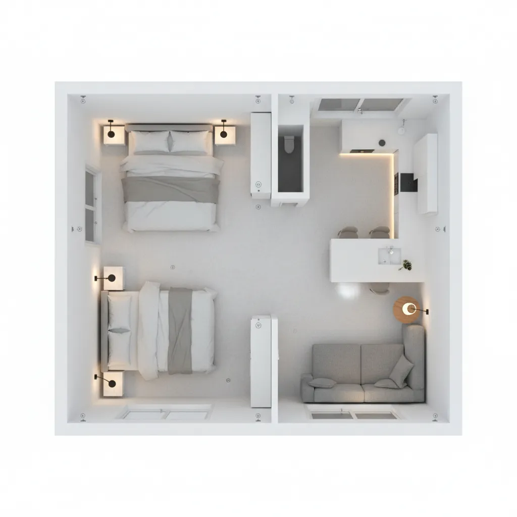 Small apartment lighting layout combining sconces and table lamps