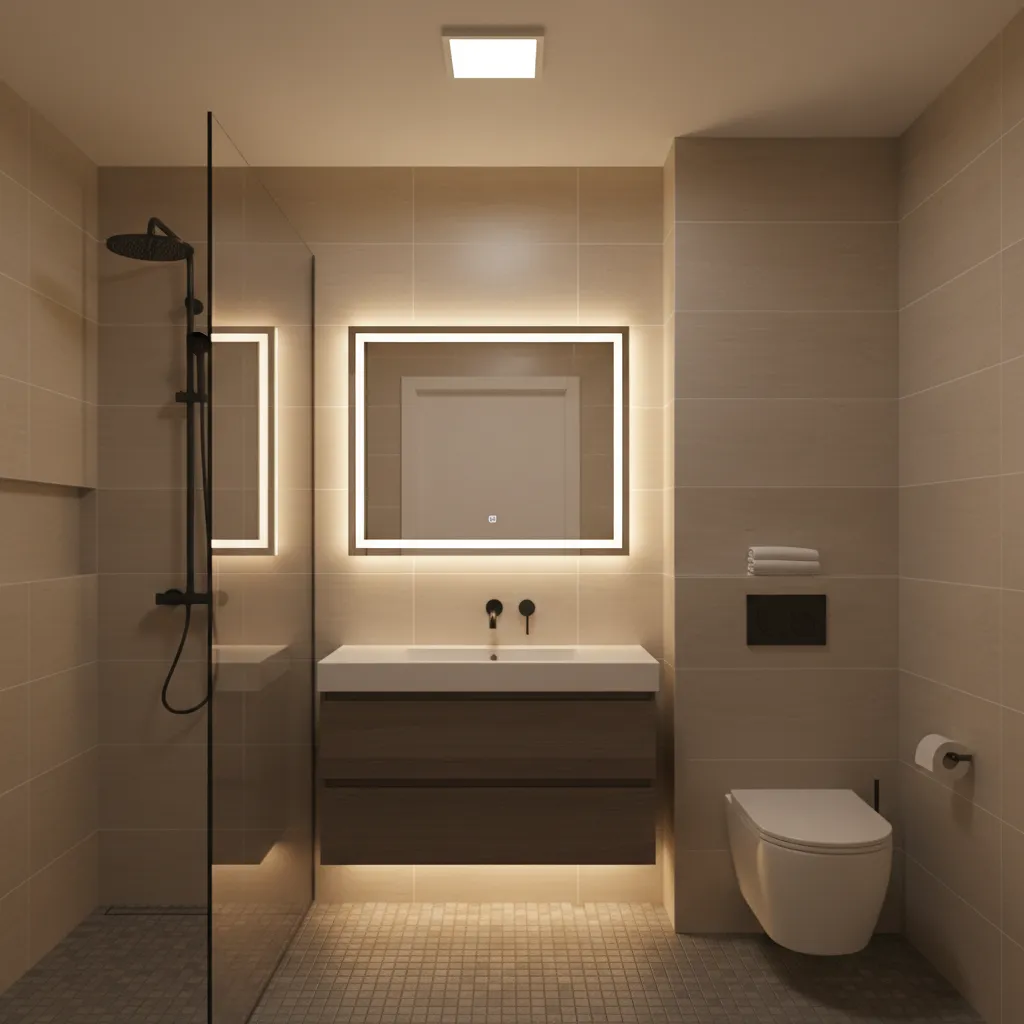 baño pequeño con iluminación en capas y espejo iluminado