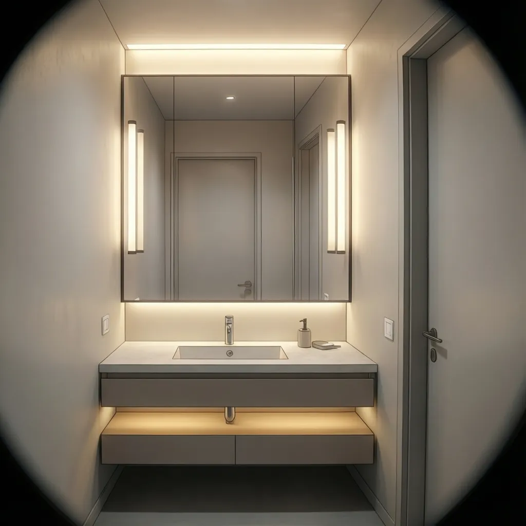 Layered lighting setup with mirror lights and ceiling light in small bathroom