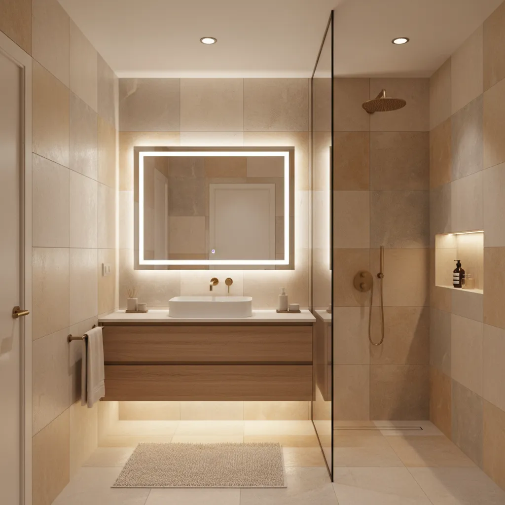 Small apartment bathroom with layered lighting including LED mirror and ceiling lights
