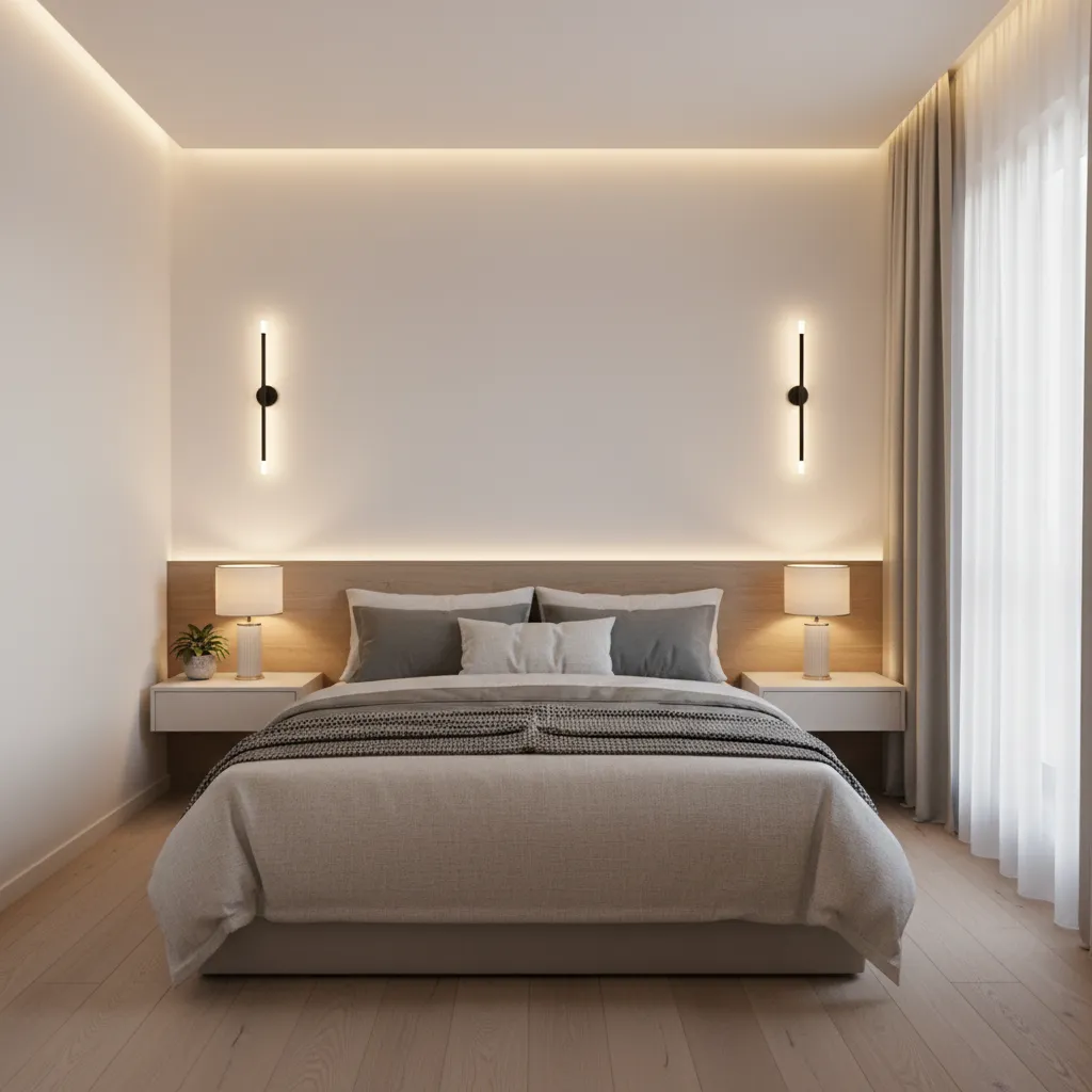 Small bedroom with layered lighting and wall sconces