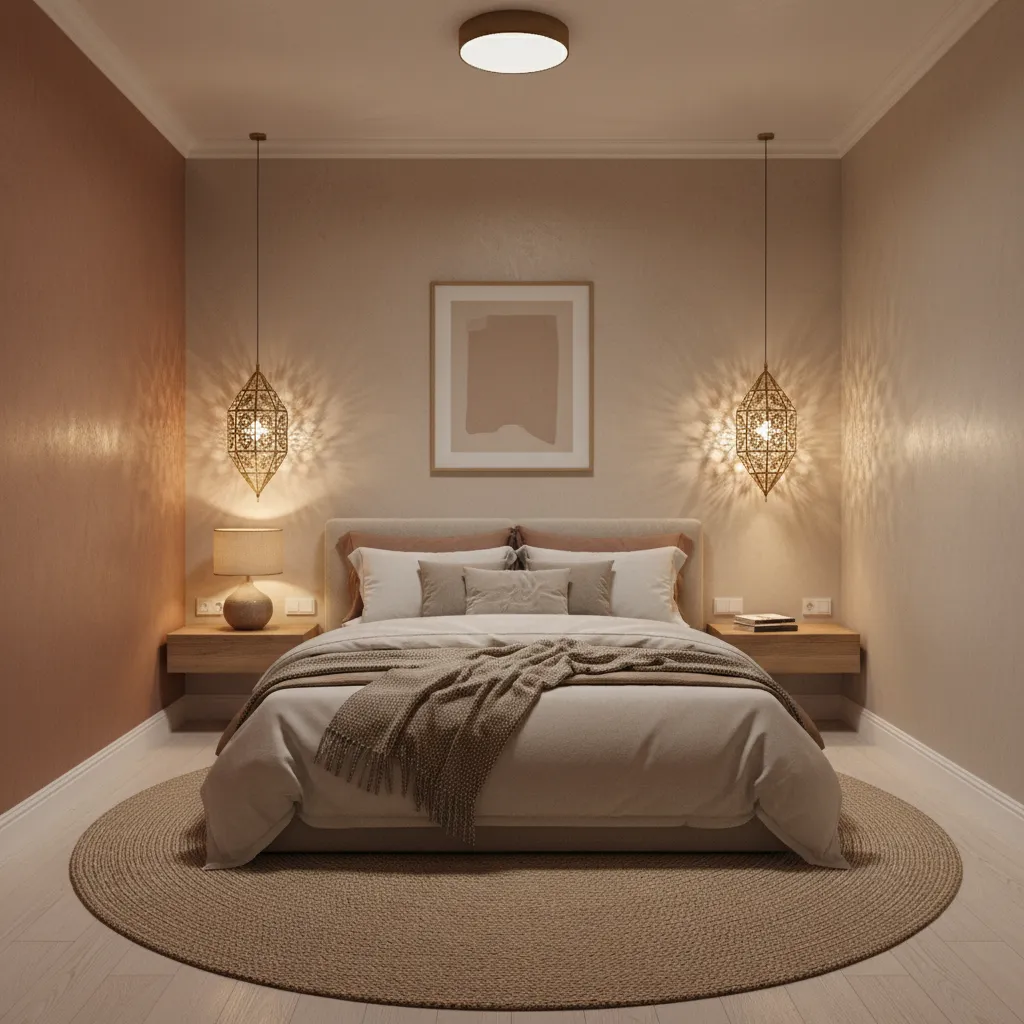 Small bedroom using layered lighting with wall sconces and ceiling light