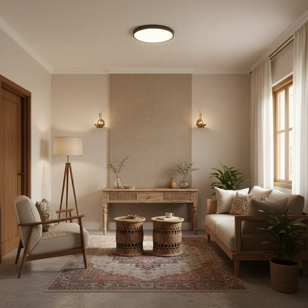 Small drawing room showing layered lighting with ceiling light wall lights and floor lamp