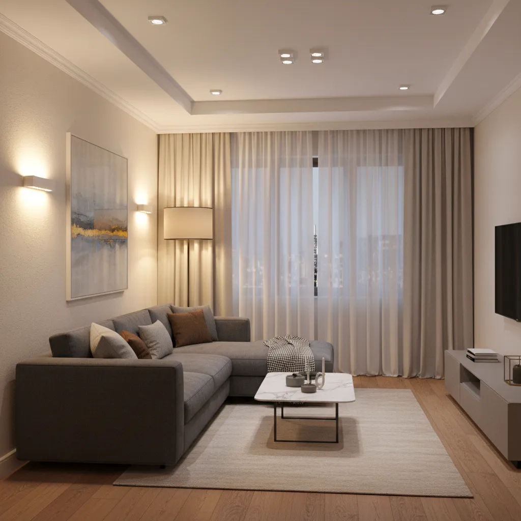 Small hall interior with layered lighting ceiling lights floor lamp and wall lights