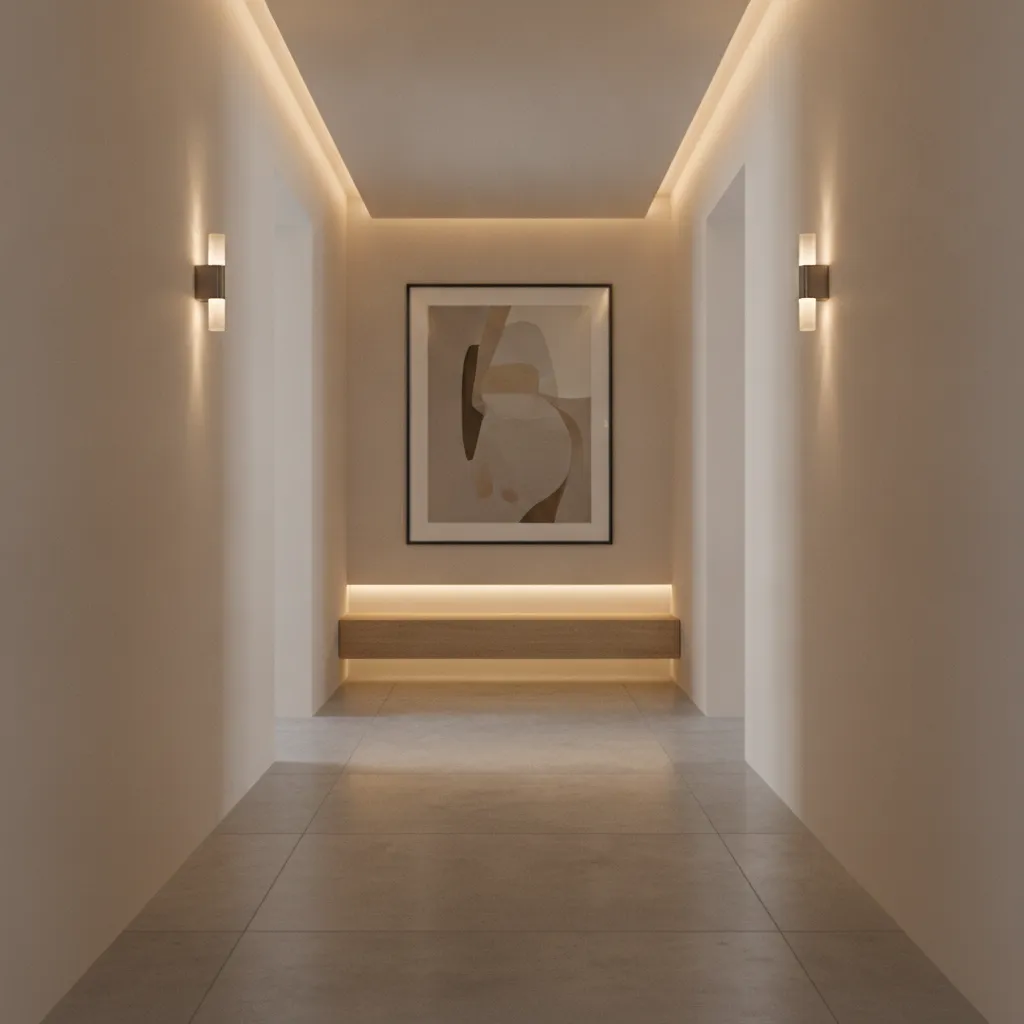 small hallway with layered lighting wall sconces and LED strips