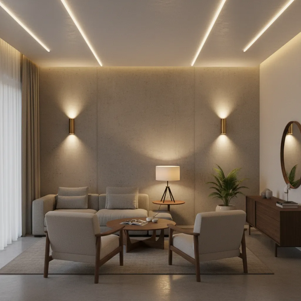 layered lighting design in compact living room enhancing spatial depth