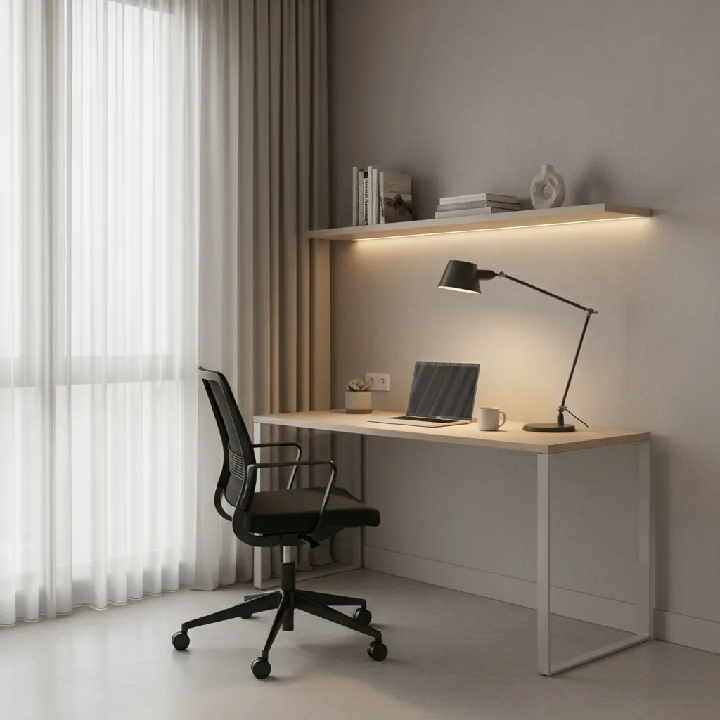 Small home office with desk lamp and soft ambient lighting combined