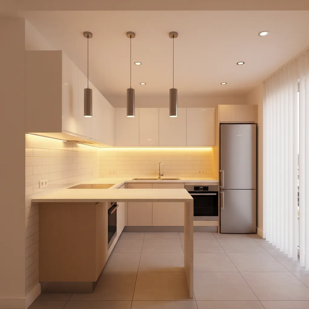 Layered lighting design in a small modern kitchen