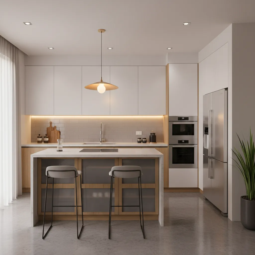 Small kitchen with recessed lights and pendant lighting layers