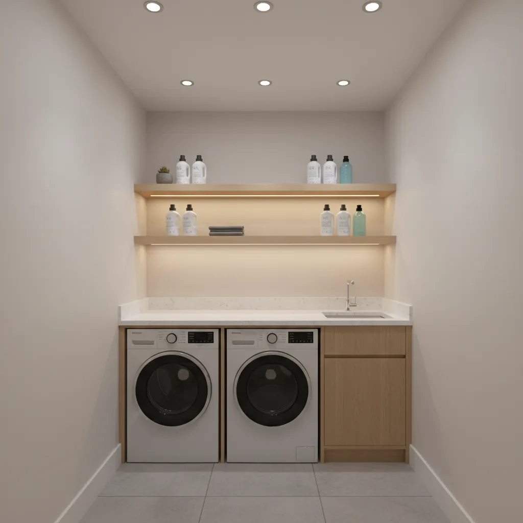 Layered lighting setup with ceiling light and under cabinet LED strips in laundry room