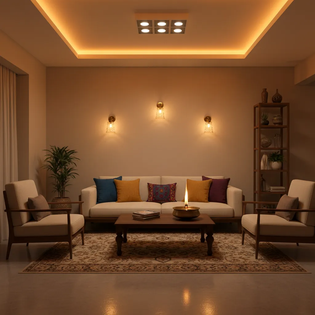 Small living room with layered lighting including wall lamps and ceiling lights