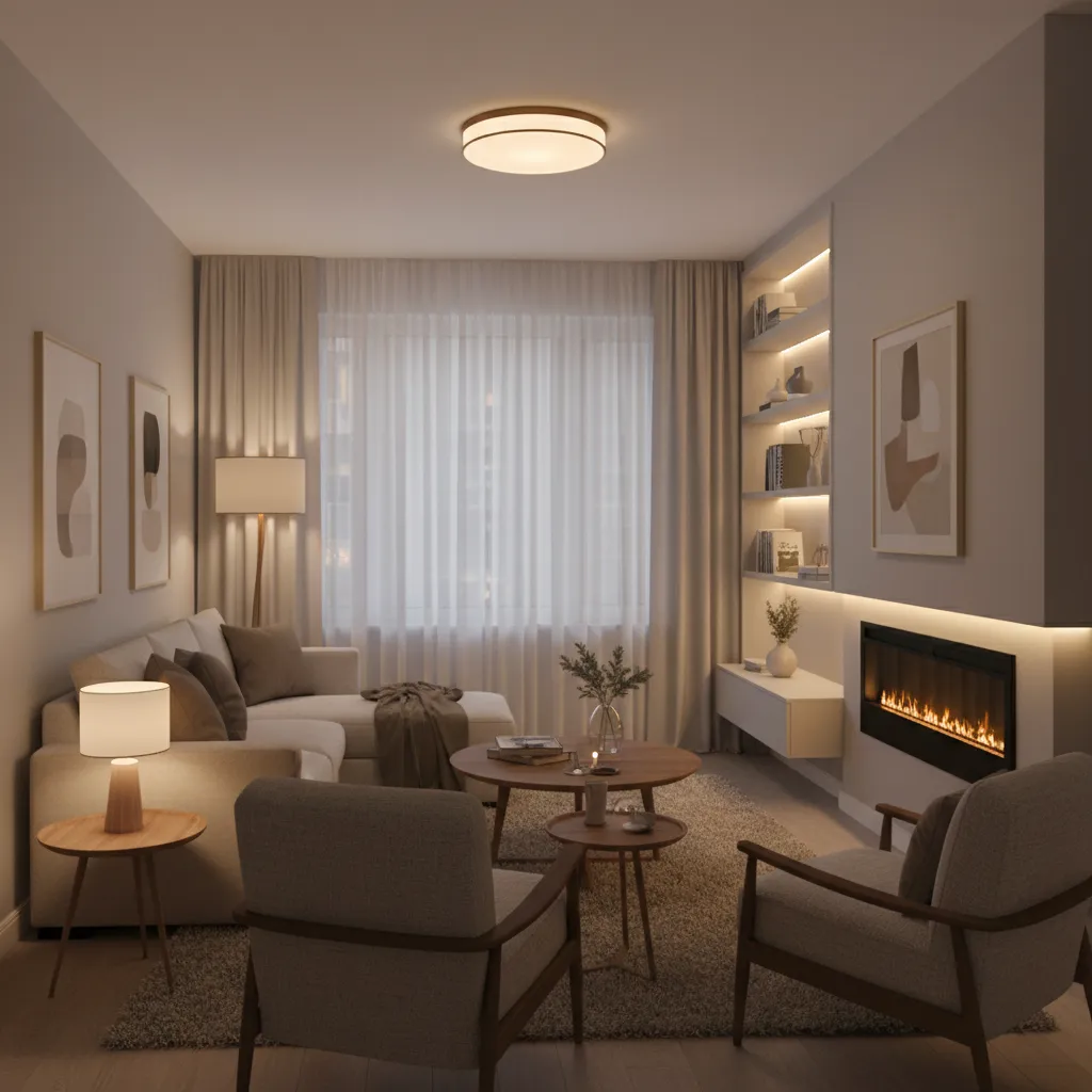 Small living room with layered lighting including floor lamp, ceiling light and accent lighting