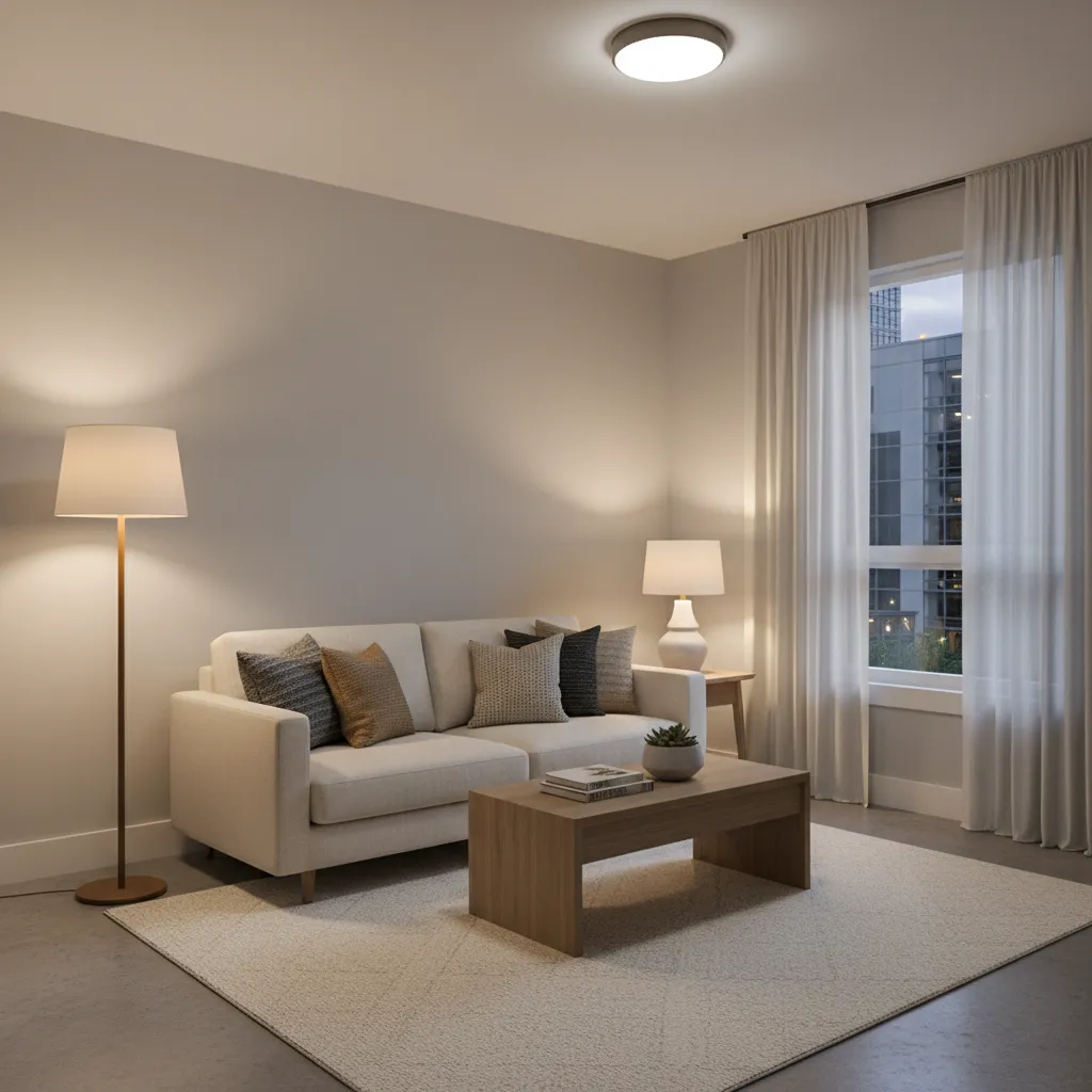 Small living room demonstrating layered lighting with lamps and ceiling lights