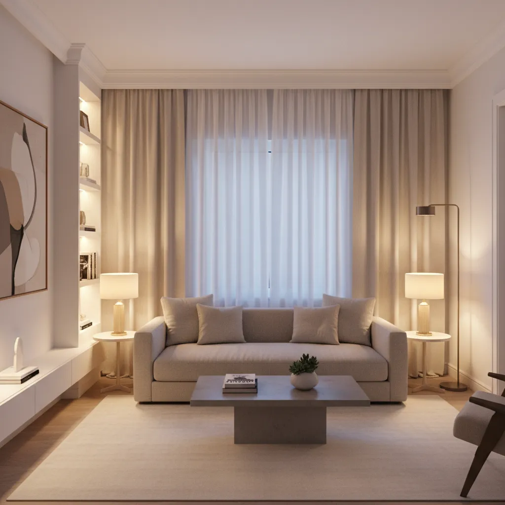 Small living room with layered lighting including floor lamp table lamps and ambient light