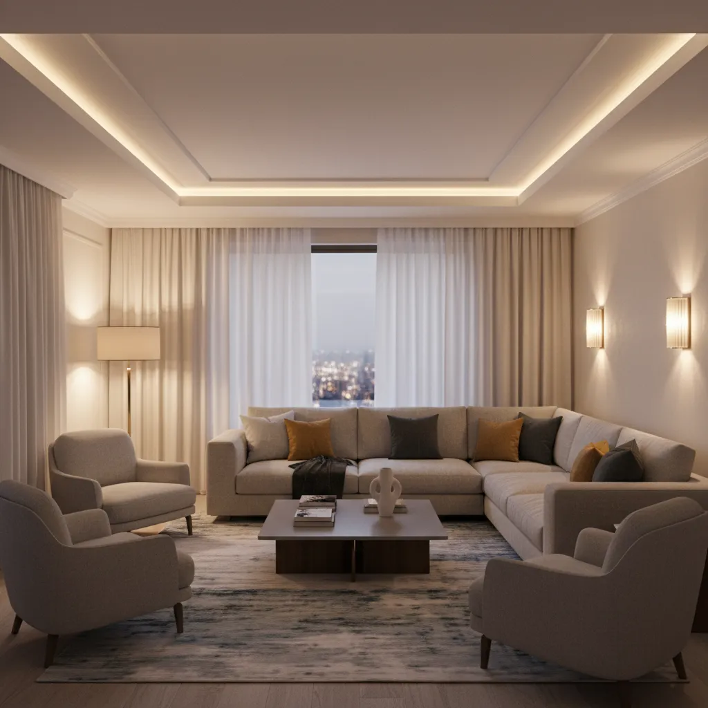 15x15 living room with layered lighting including lamps and sconces