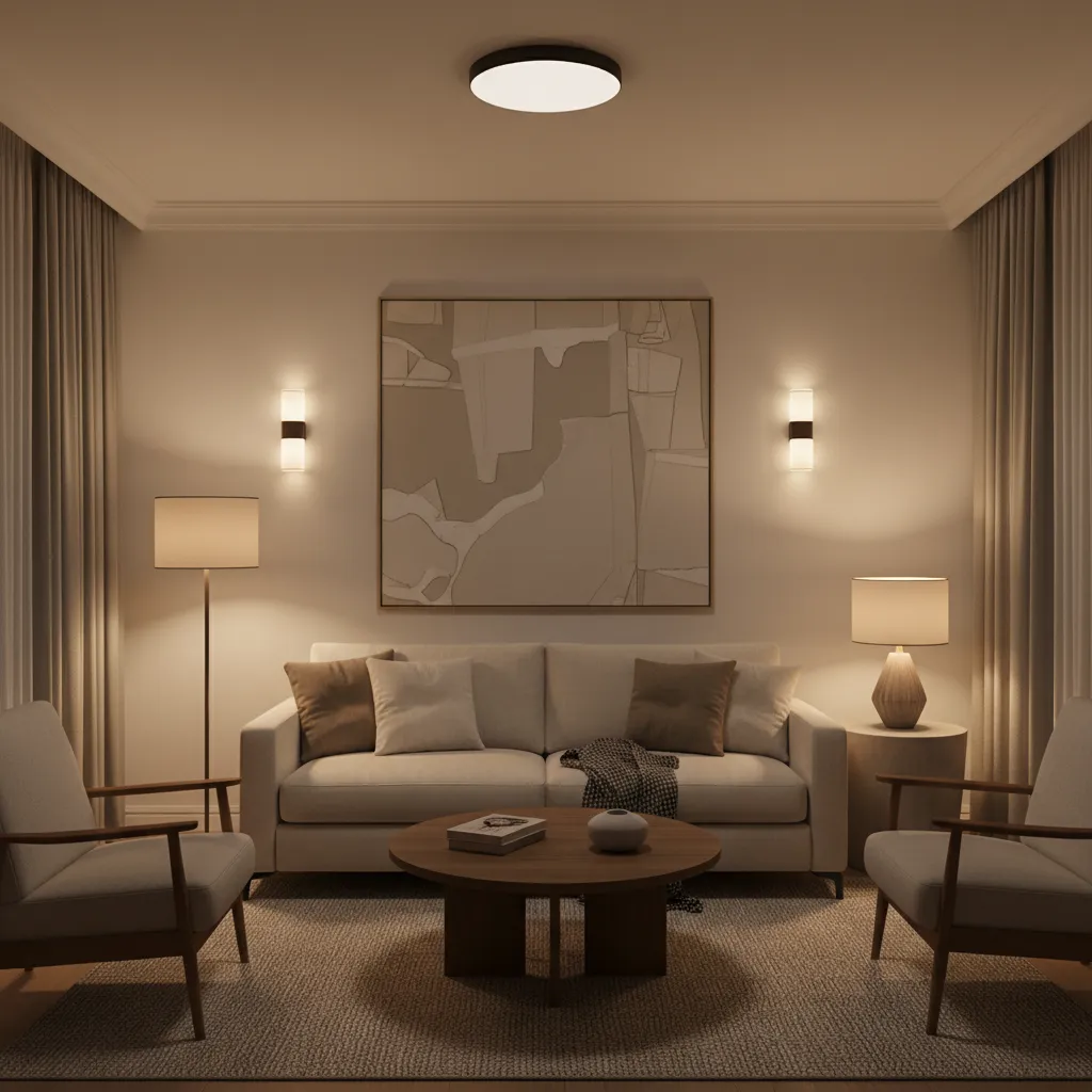 Small living room showing layered lighting with ceiling lamp floor lamp and accent lights