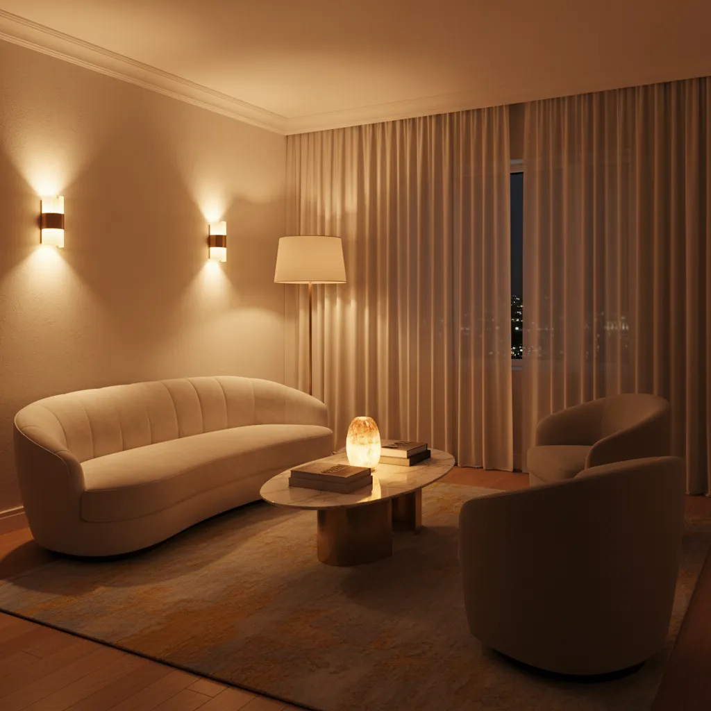 Small luxury living room with layered lighting including sconces and floor lamp
