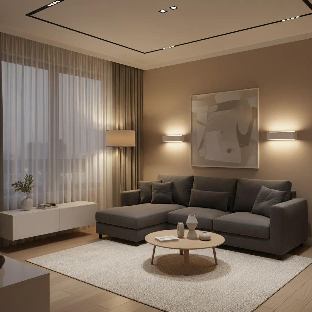 small living room interior with layered lighting including ceiling lights lamps and wall lights
