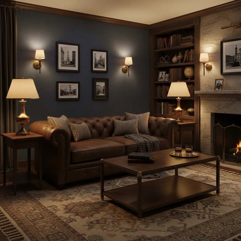 Layered lighting with table lamps and sconces in a small luxury living room
