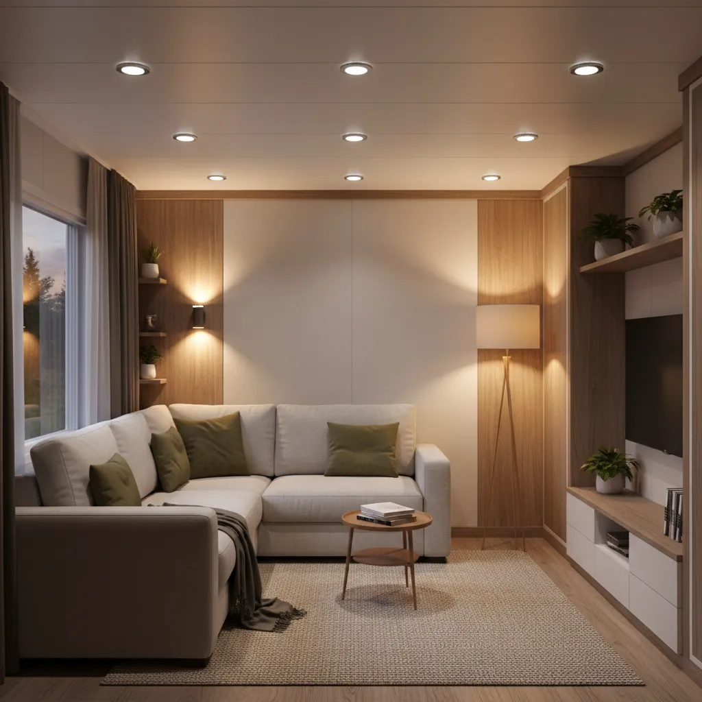 Example of layered lighting in a small mobile home living room with ceiling lights lamps and wall lights