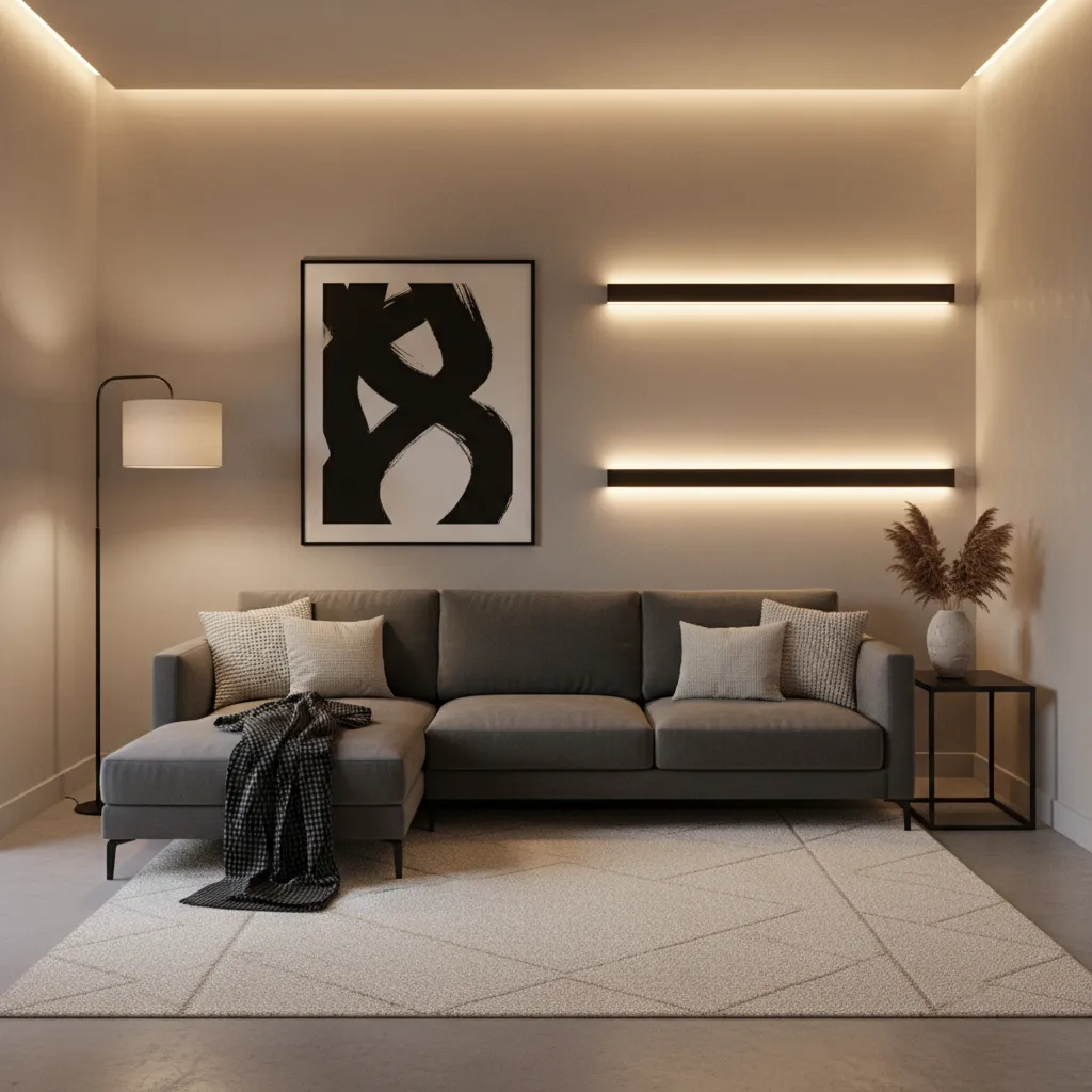 Layered lighting setup in a small black grey cream living room