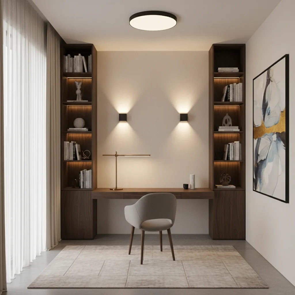 Small study room with layered lighting desk lamp wall lights and ceiling light