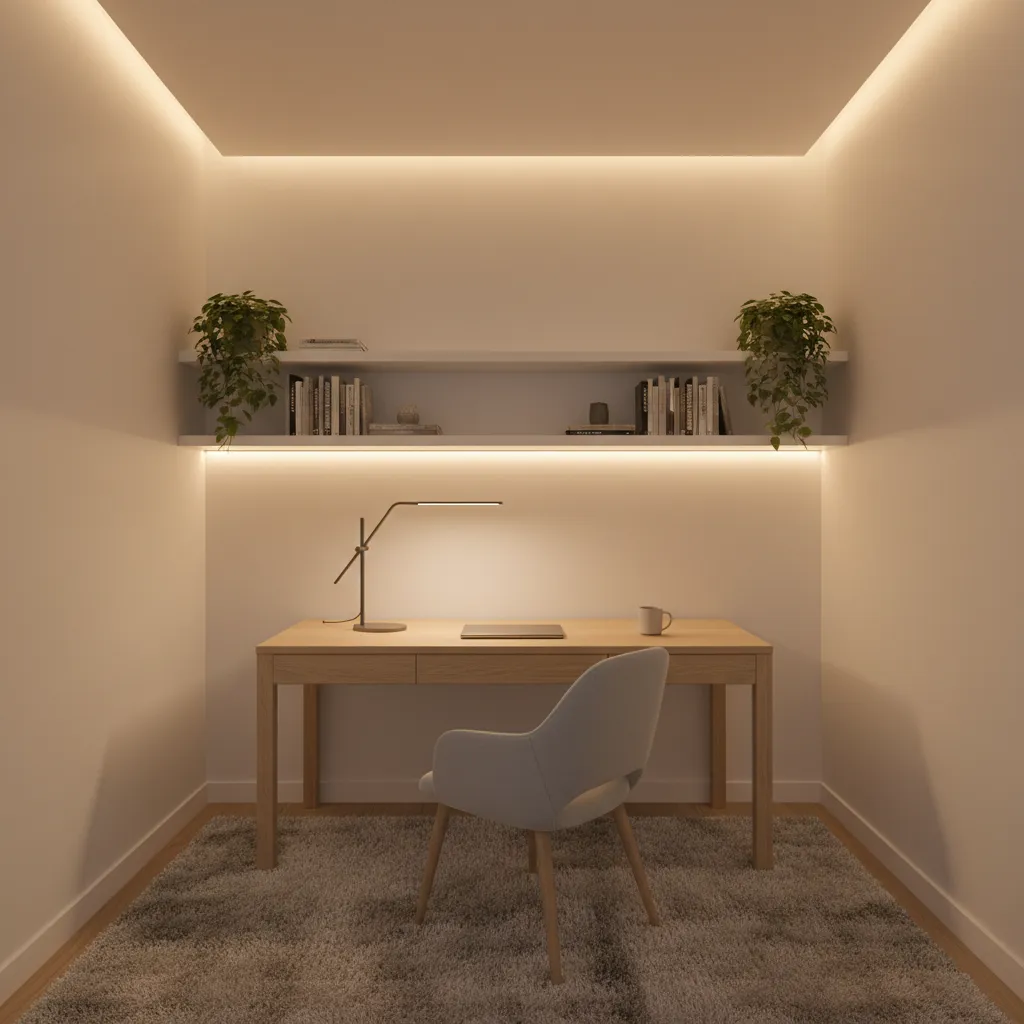 small home office with layered lighting desk lamp ceiling light shelf LED