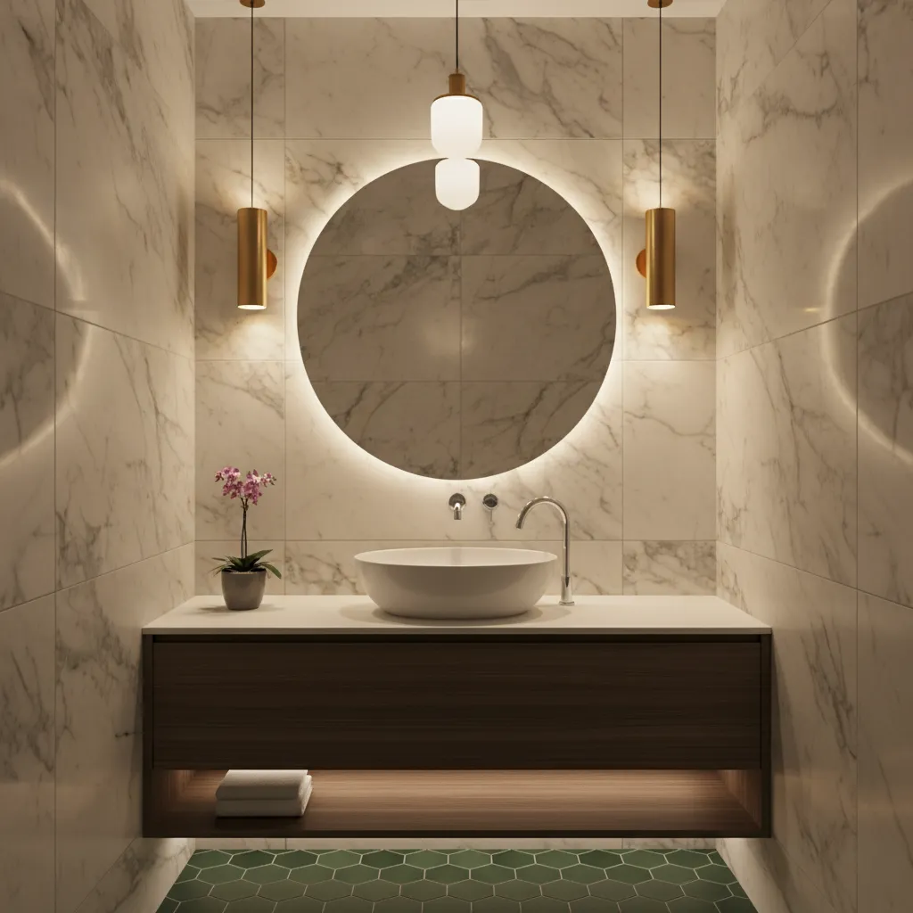 Small powder room with layered lighting sconces and ceiling light