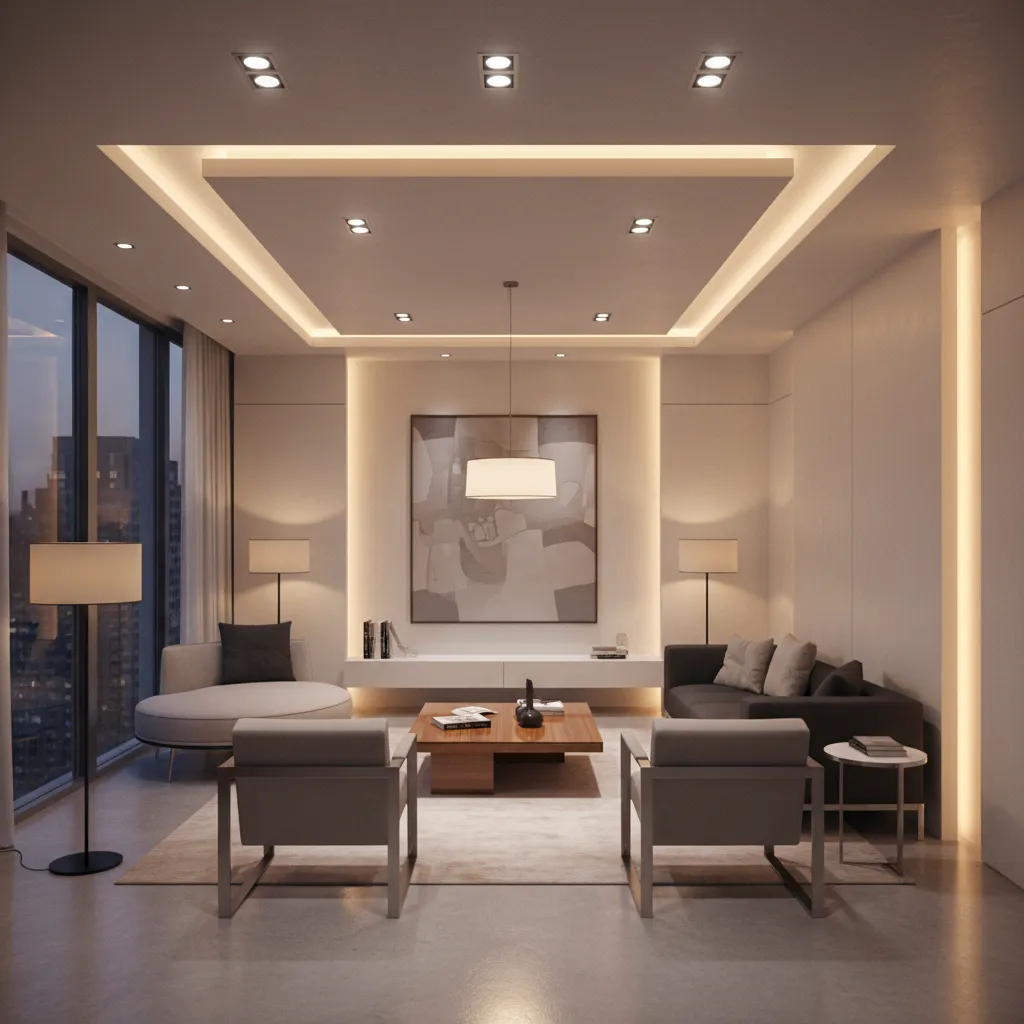 Small room interior with layered lighting including recessed lights and cove lighting