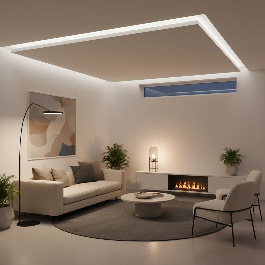 Living room using layered lighting to compensate for a small window