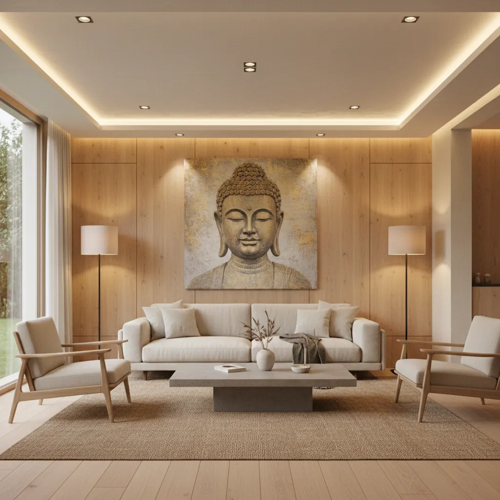 Layered lighting design highlighting Buddha wall art in a calm living space