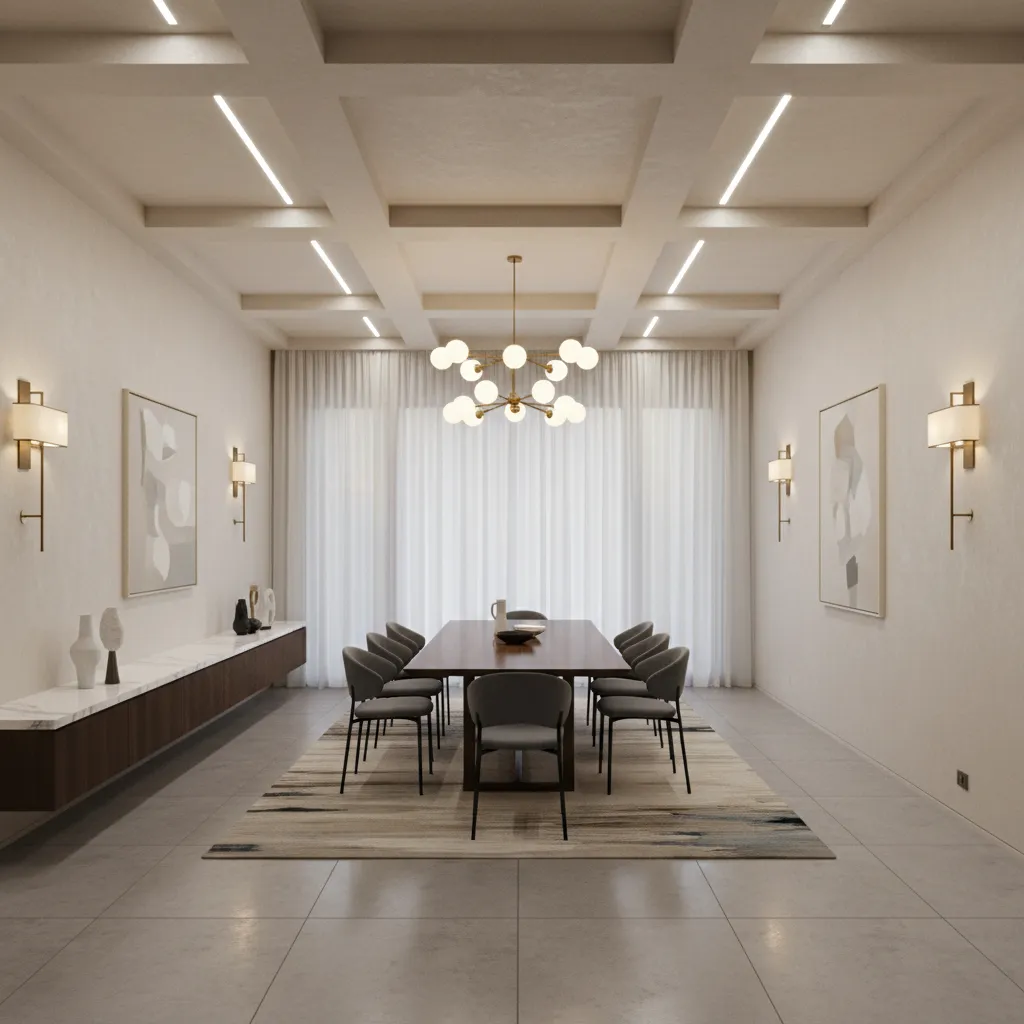 tall dining room using chandelier recessed lights and wall sconces for layered lighting