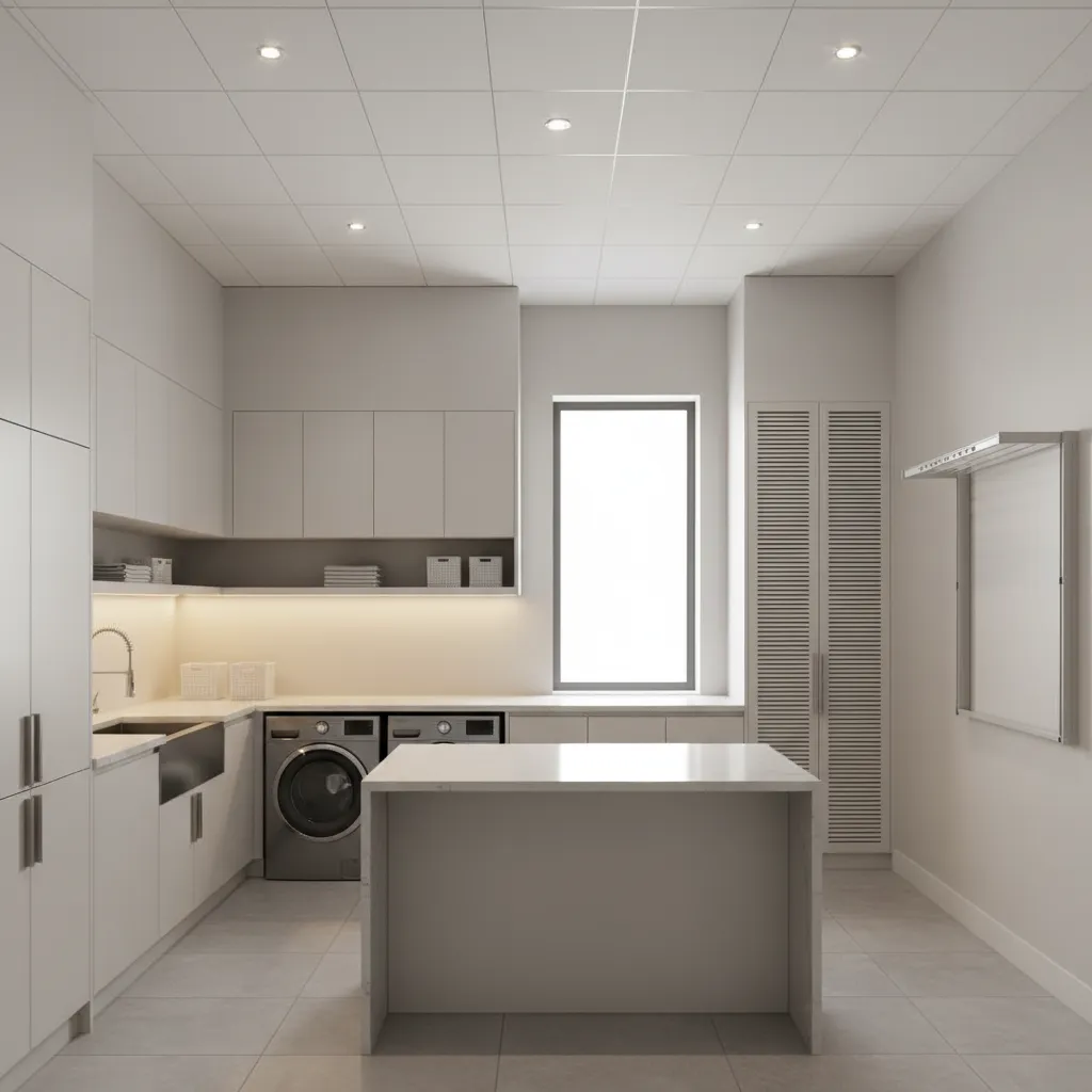 Large white laundry room with island, cabinets, shelf lights, ceiling lights, washing machines, and window