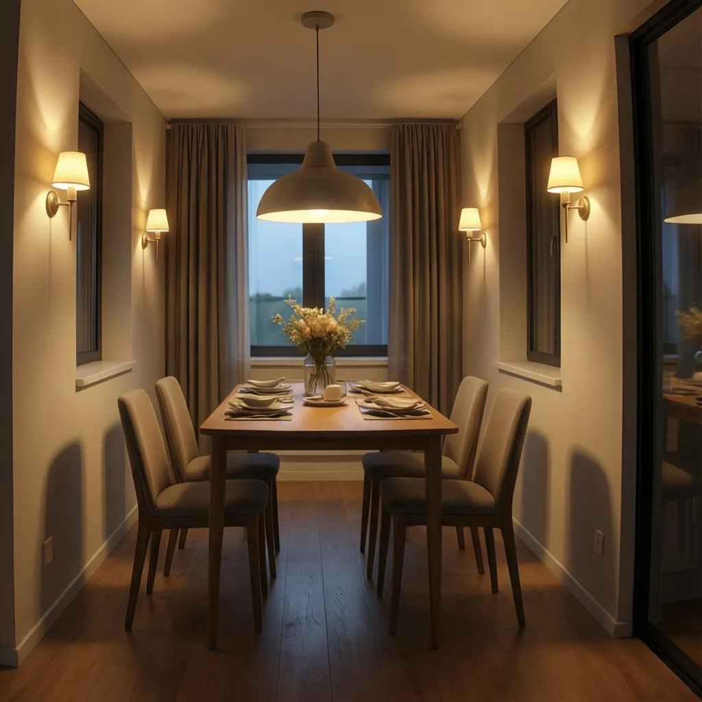 Layered lighting in a small dining room using pendant and wall sconces