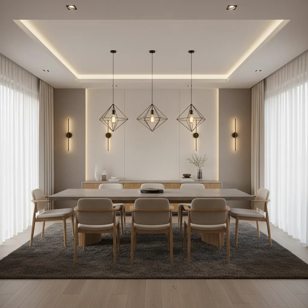 Dining room with layered lighting including LED panels, pendant light, and wall sconces
