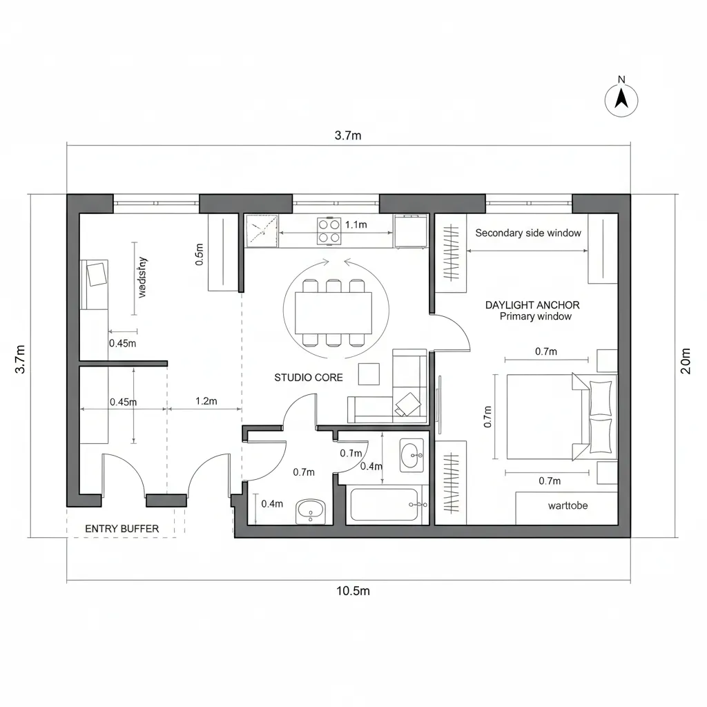 Studio apartment room layout showing kitchen dining table bed and bathroom with precise black wall measurements