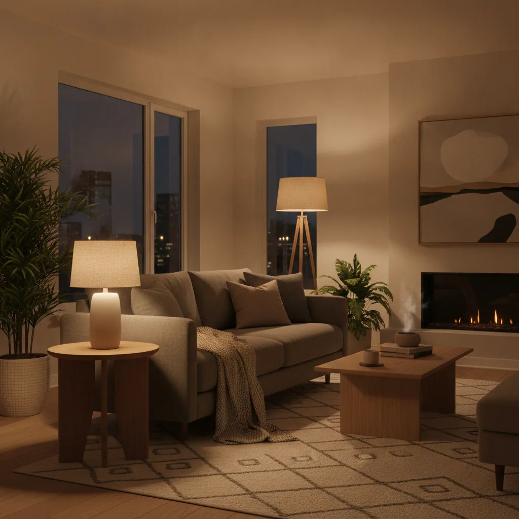 Living room with layered lighting including floor lamp table lamp and warm ambient light