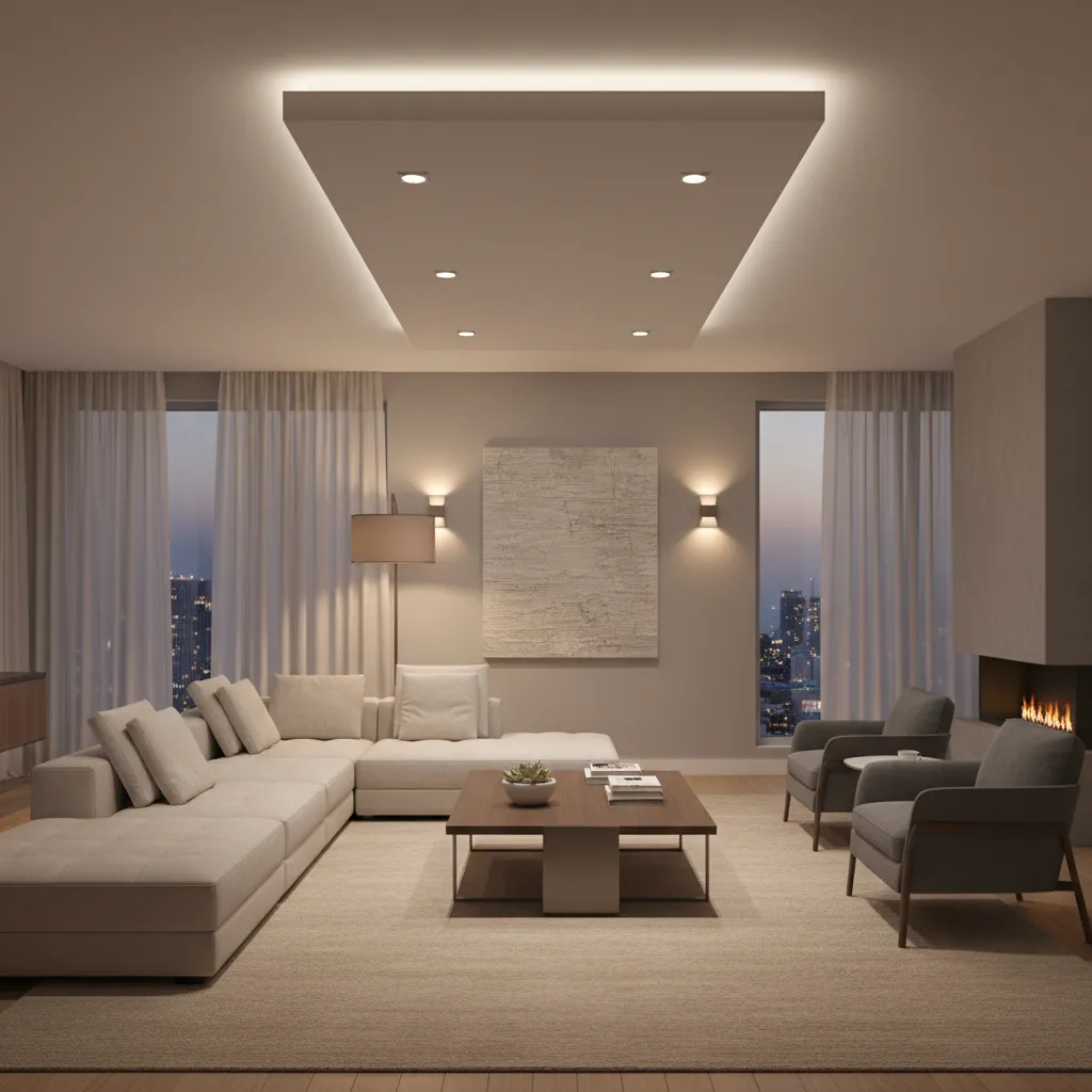 Living room showing layered lighting with ceiling lights floor lamp and wall accents