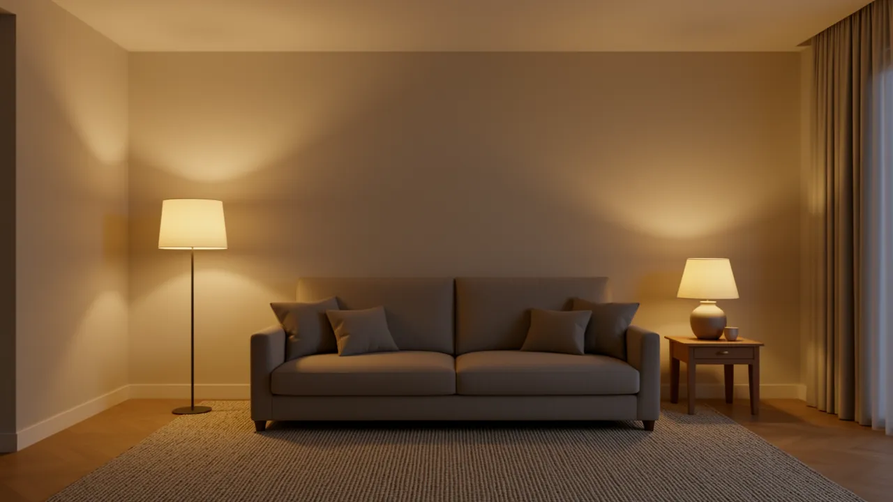 living room showing layered lighting with floor lamp table lamp and ceiling light