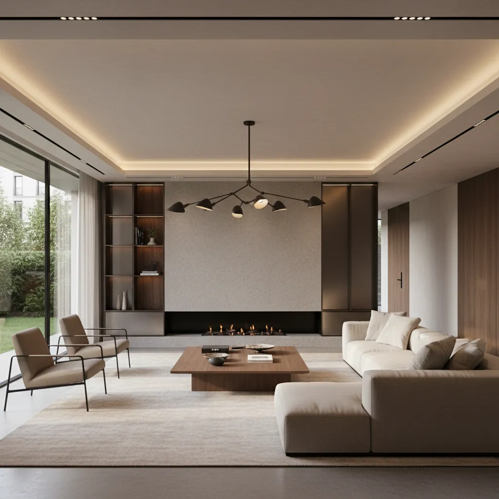Living room with recessed ceiling lights and pendant lighting creating layered illumination