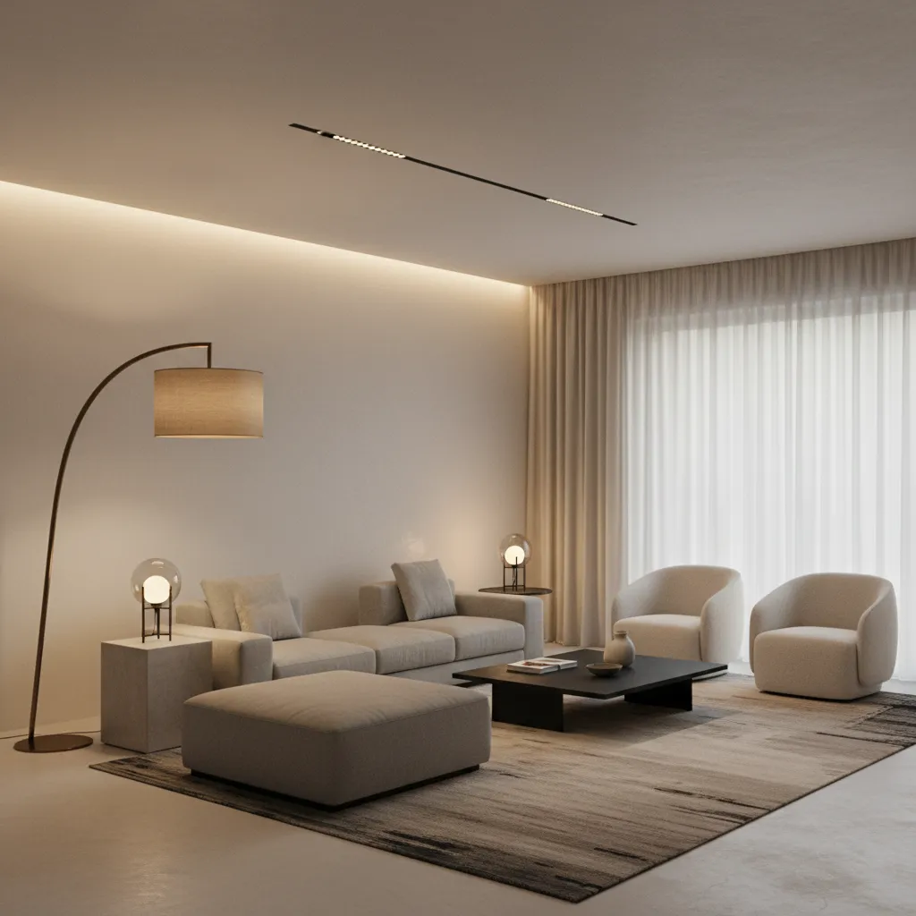Modern living room with beige sofa black coffee table and a large gold floor lamp