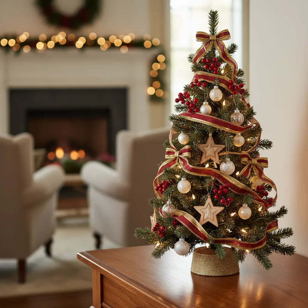 Layered decoration technique using small ornaments and picks on a mini Christmas tree